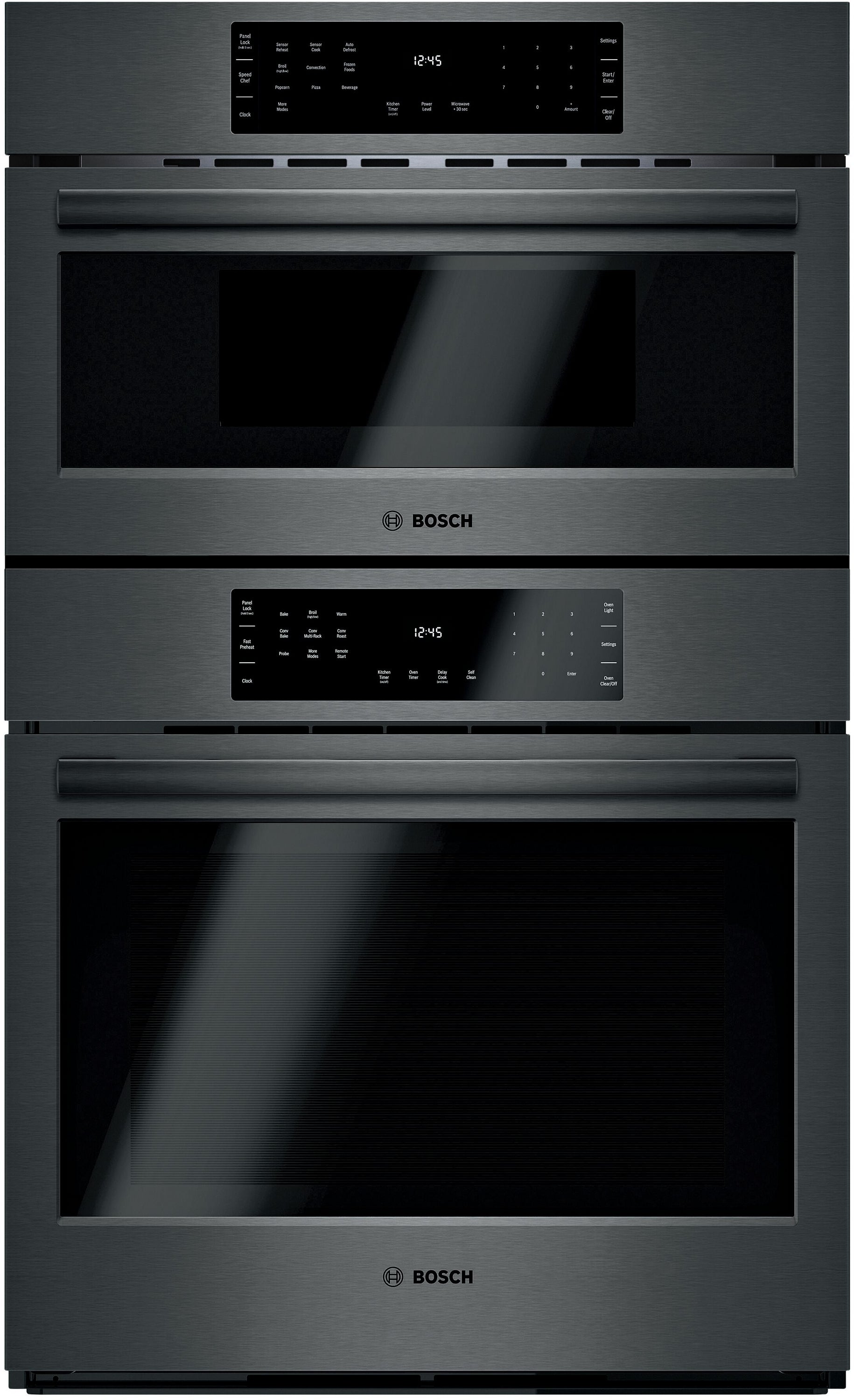 Stainless steel Bosch 800 Series wall oven with two compartments and digital touch controls for kitchen appliances.