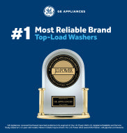 Blue and white promotional graphic highlighting GE as the most reliable brand in top-load washers with a gold award emblem
