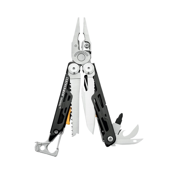 Multi-tool with pliers, knife, saw, and multiple fold-out tools for home improvement and outdoor use
