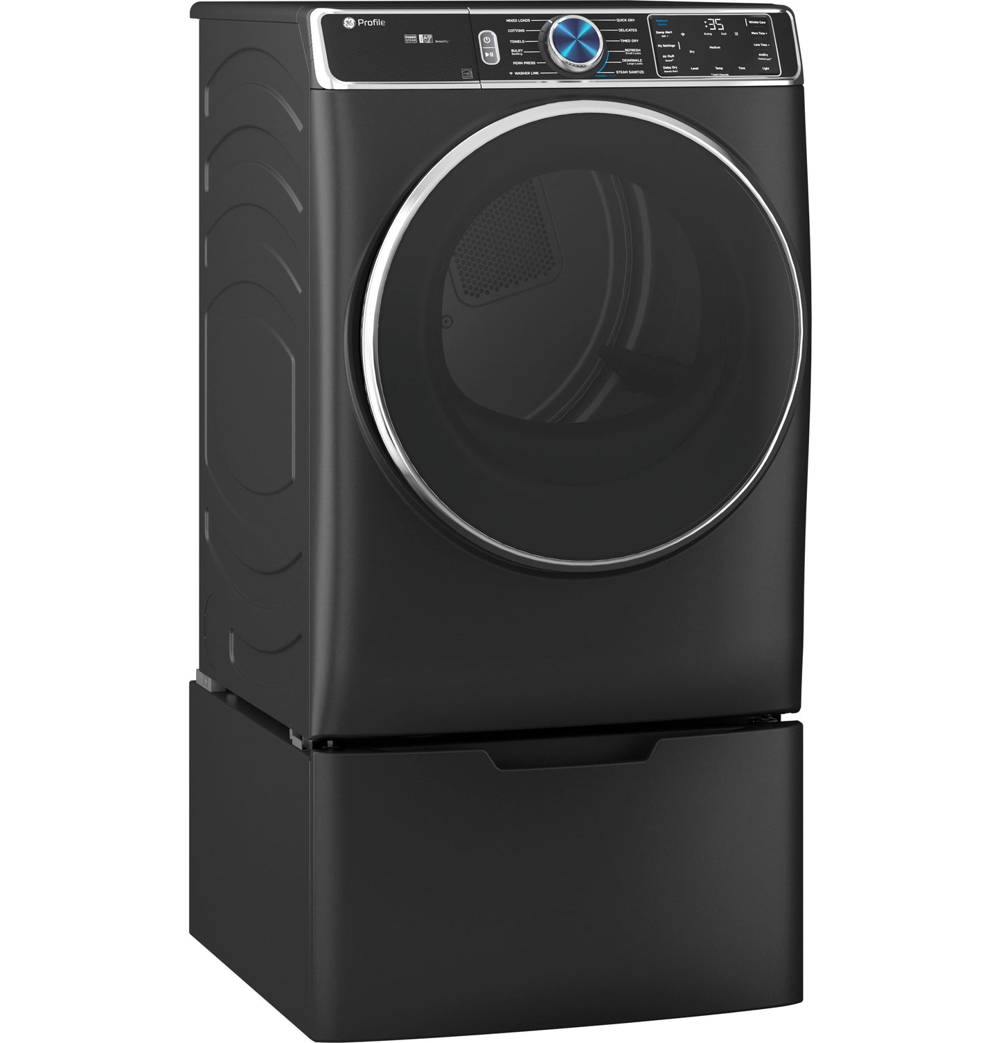 Black front-load dryer with digital control panel and matching pedestal for laundry appliance setup
