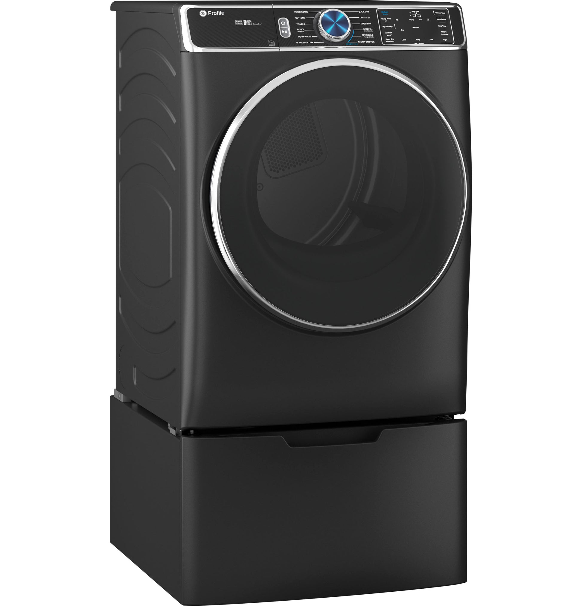 Black front-load dryer with digital control panel and matching pedestal for laundry appliance setup
