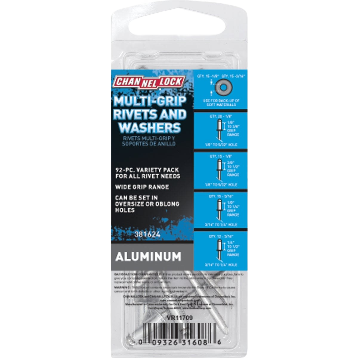 Clear plastic pack of aluminum multi-grip rivets and washers with product details for tools and home improvement use