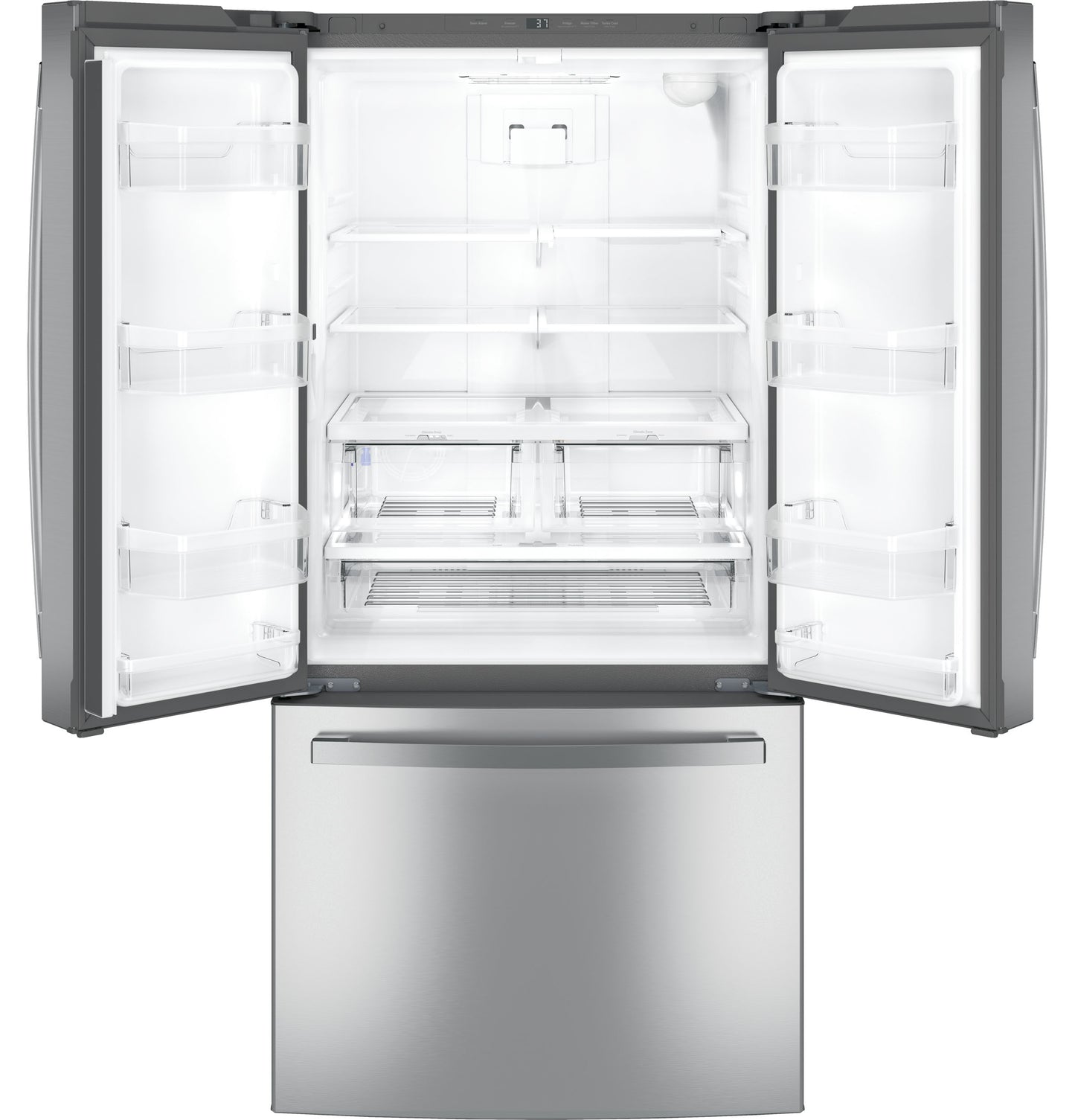 Open stainless steel French-door refrigerator with spacious interior shelves and bottom freezer in kitchen appliance collection