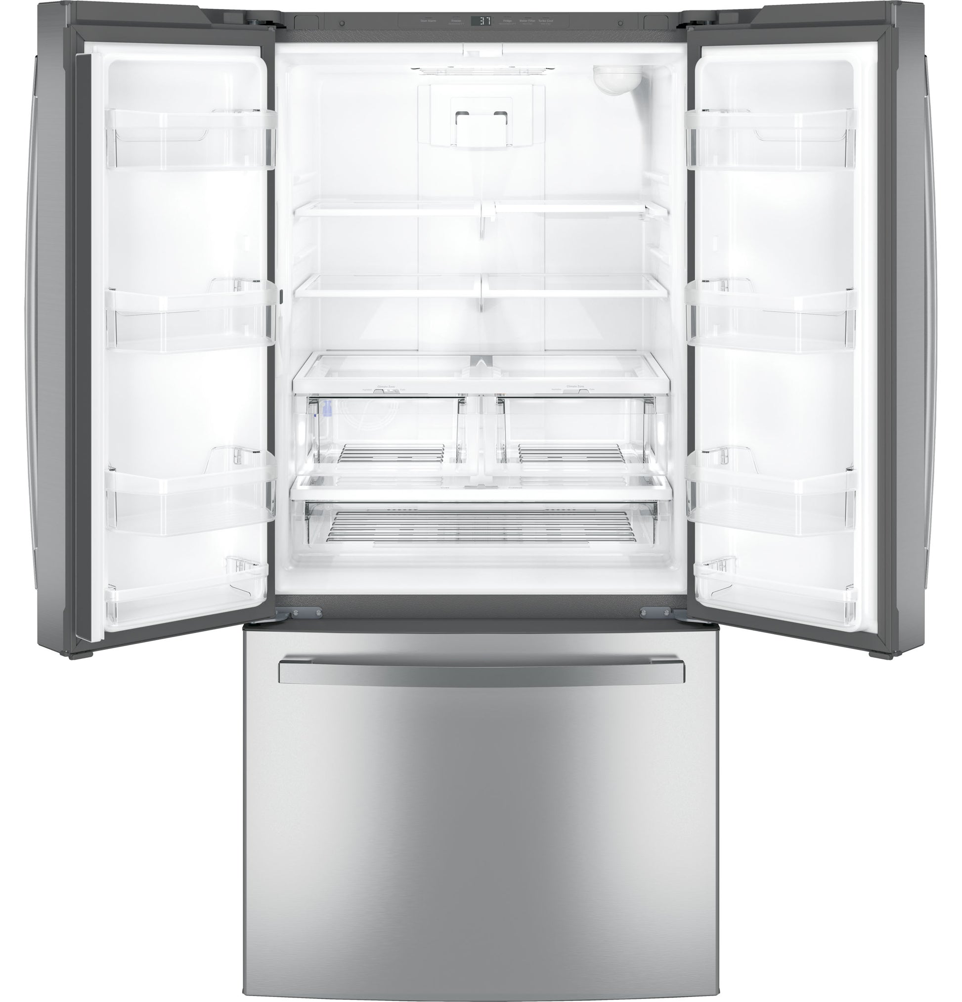 Open stainless steel French-door refrigerator with spacious interior shelves and bottom freezer in kitchen appliance collection