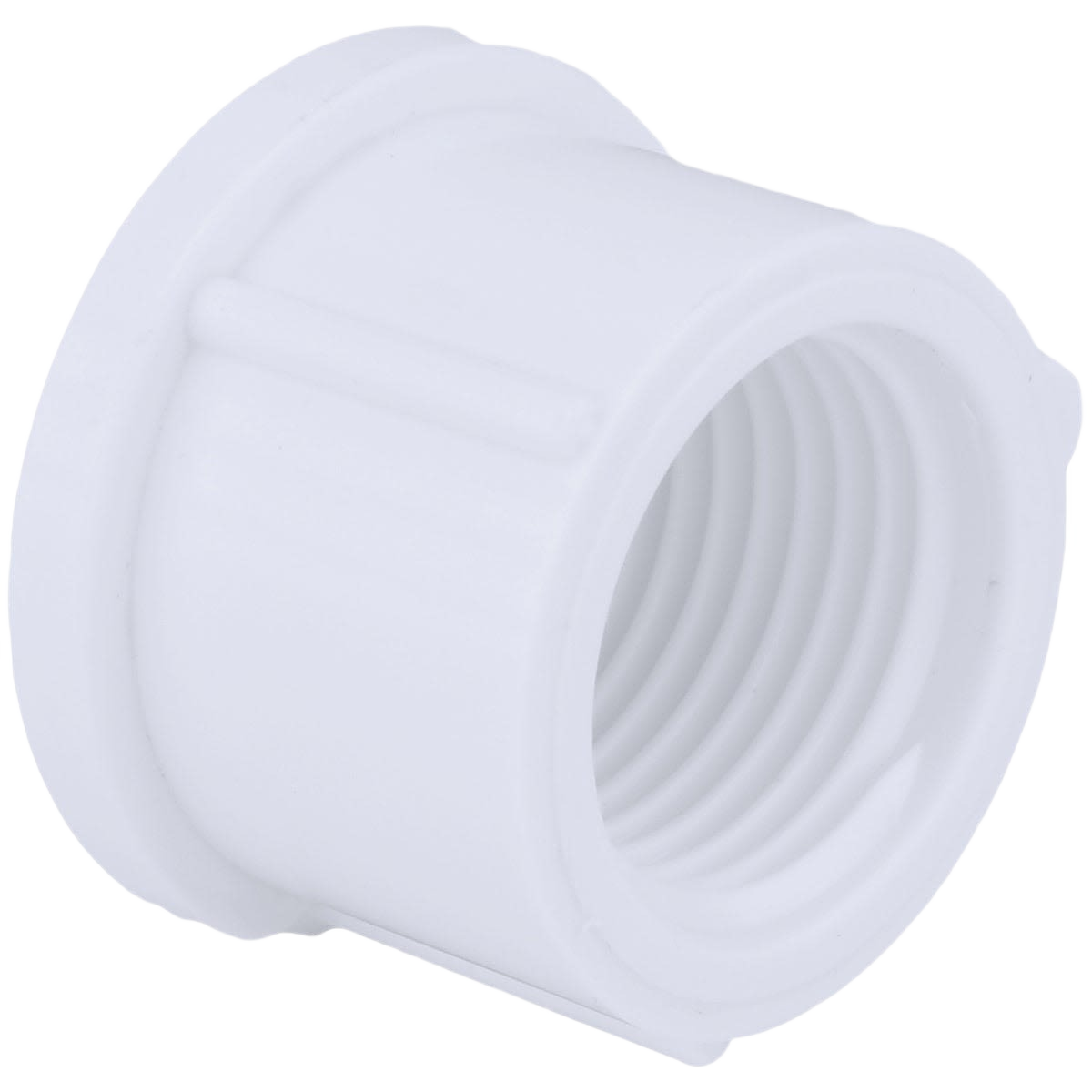 White PVC pipe cap with internal threading for plumbing applications in pipes and fittings collection