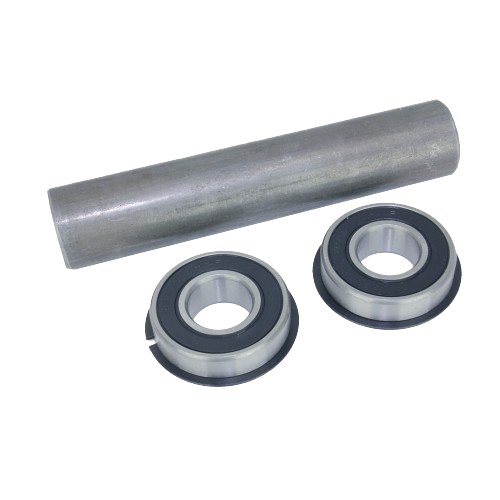 Metallic wheel bearing kit components including two sealed bearings and a cylindrical spacer for automotive repairs and maintenance
