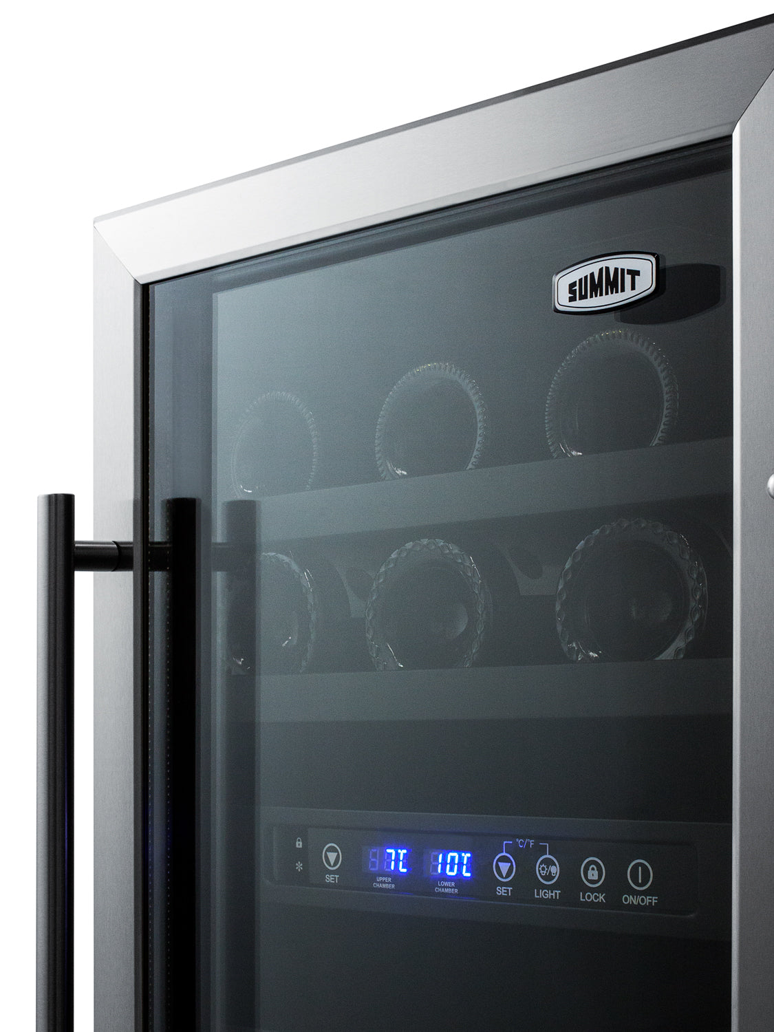 Close-up of stainless steel framed built-in wine cellar door with tinted glass and digital temperature controls from kitchen appliances collection