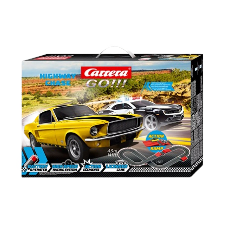 Racing track set featuring yellow classic muscle car and black-and-white police car with loop and ramp elements