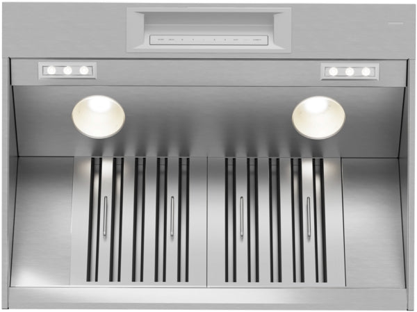 stainless steel wall mounted range hood with built-in lights and vent filters for kitchen ventilation