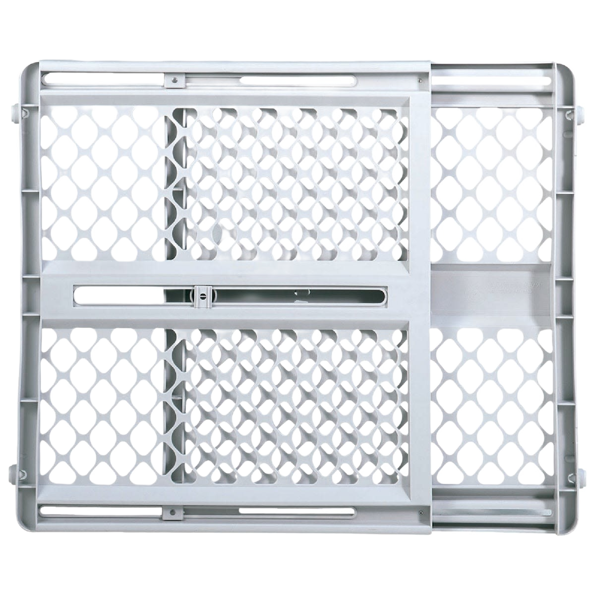 White plastic adjustable safety gate with diamond pattern panels for pet and child containment in home improvement use