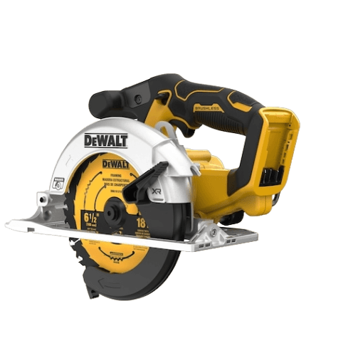 Yellow and black cordless circular saw with brushless motor and 6-1/2 inch blade for woodworking, power tools, home improvement, and Dewalt 20V MAX collection