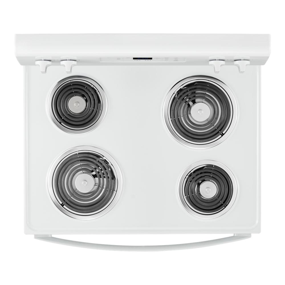 White electric range top with four coil burners and rear digital control panel in Ranges & Cooktops at Hartville Hardware