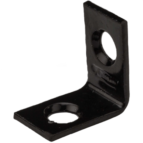 Black metal corner brace with two countersunk holes for reinforcing right angle joints in building hardware and home improvement.