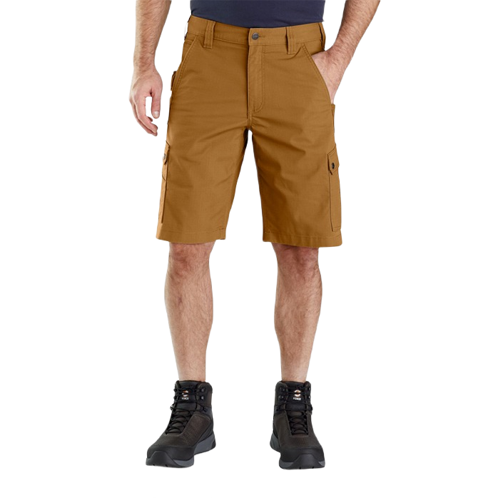 Men’s relaxed fit tan ripstop cargo shorts with durable fabric and multiple pockets for work and outdoor use