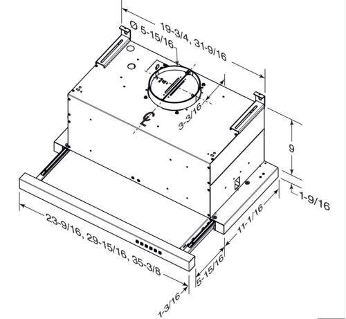technical line drawing of a 36-inch slide-out range hood with detailed dimensions for kitchen installation and home improvement