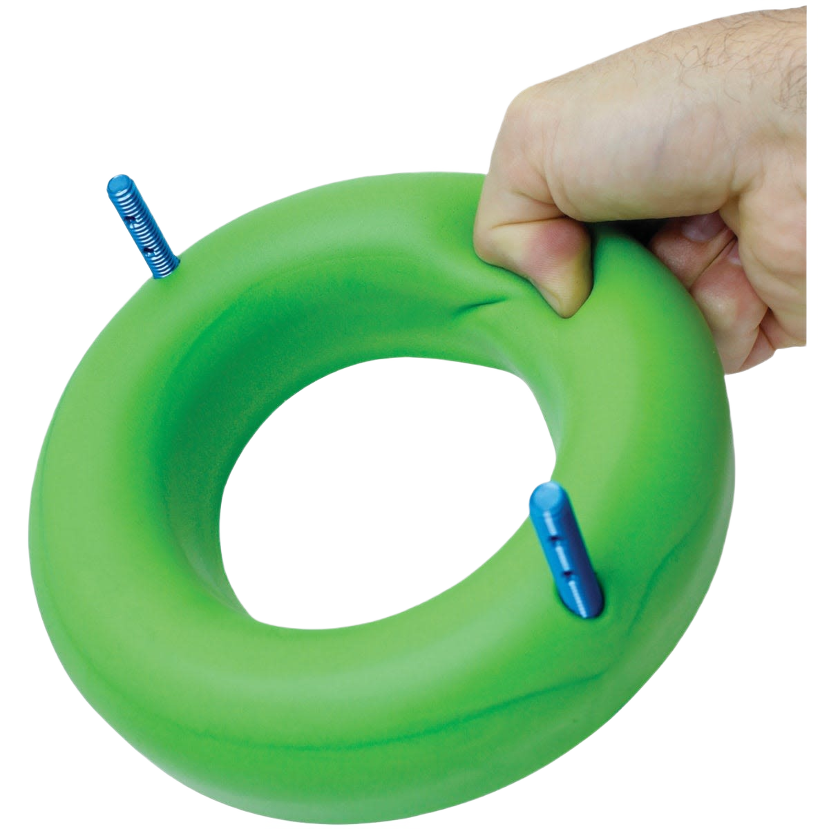 Green flexible toilet gasket with blue mounting bolts being compressed by hand for home improvement tasks