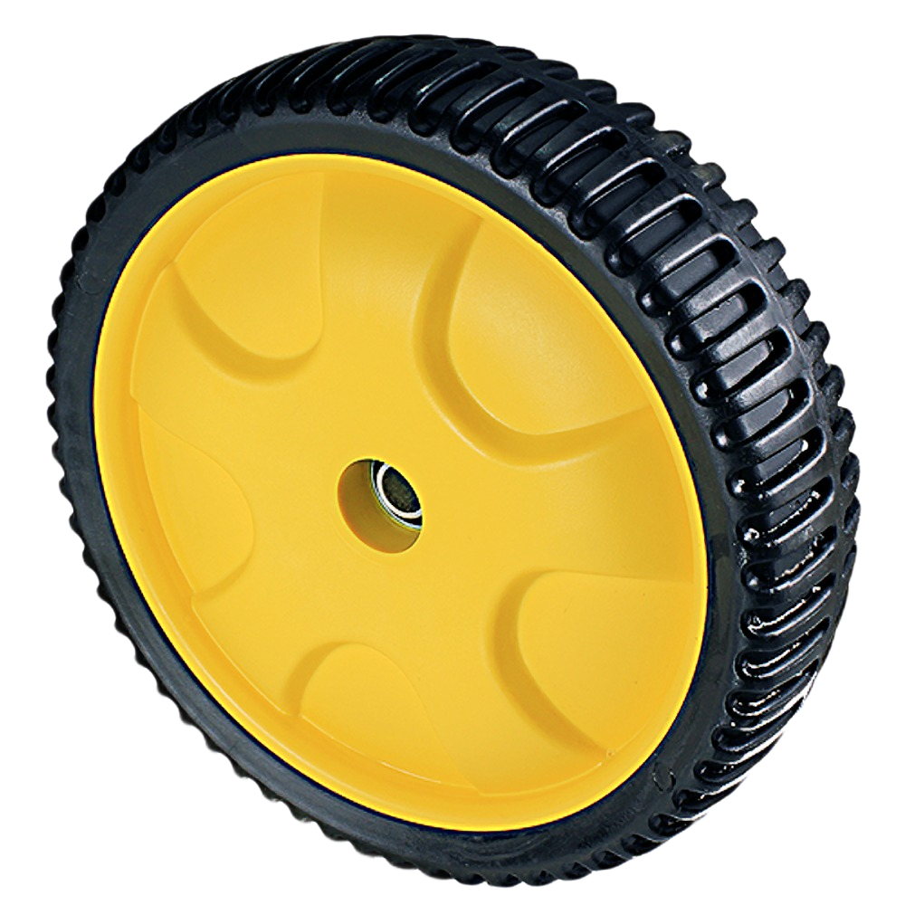 High-impact plastic lawn mower wheel with durable tread, suitable for automotive and John Deere parts under $100 collections