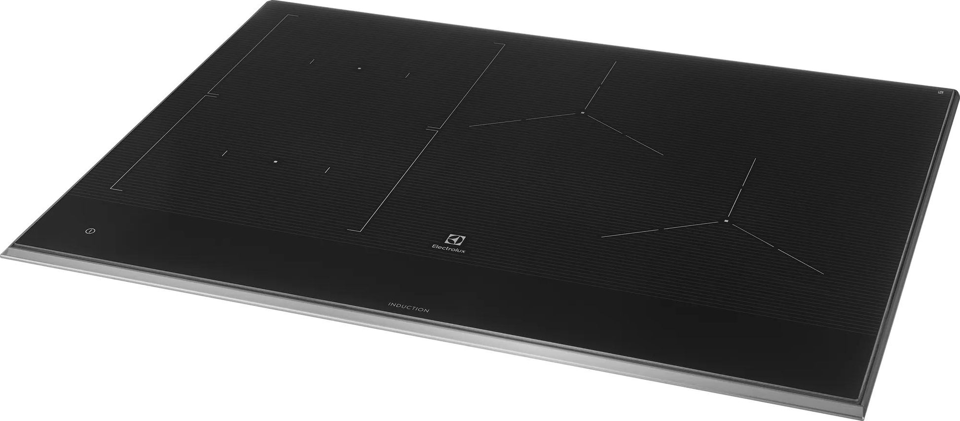 Black glass induction cooktop with three cooking zones and touch controls in kitchen and appliances collections