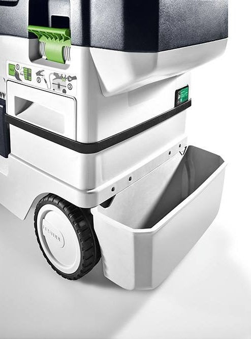 White attachable storage container on a wheeled Festool dust collector for woodworking tool organization