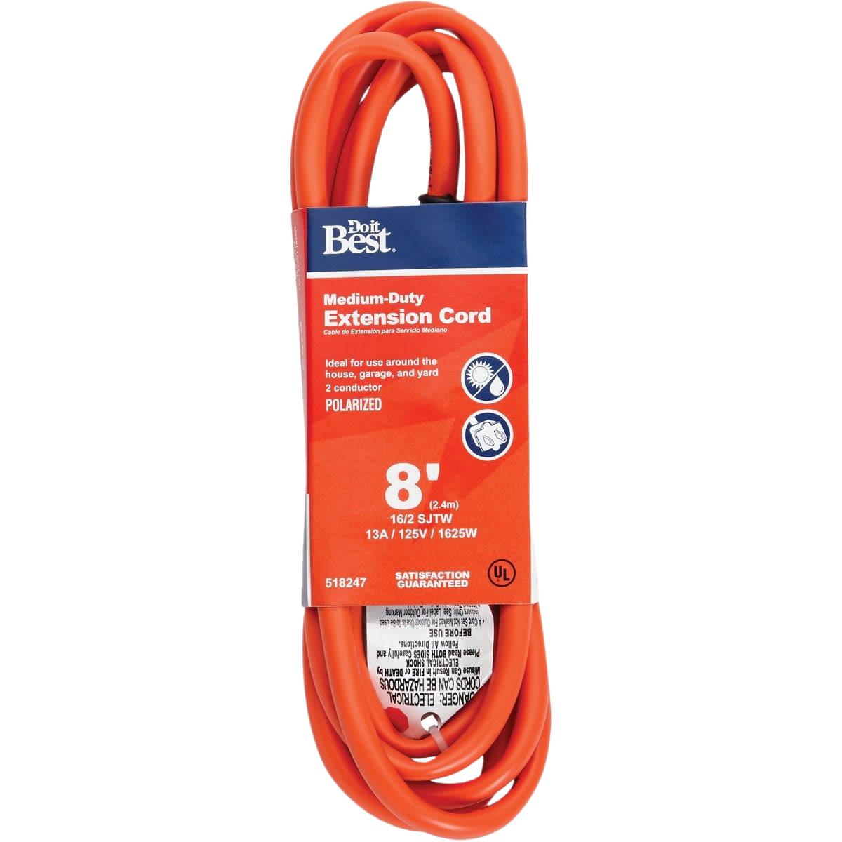 Orange polarized outdoor extension cord, 8 ft, medium-duty, for electrical and home improvement projects under $50