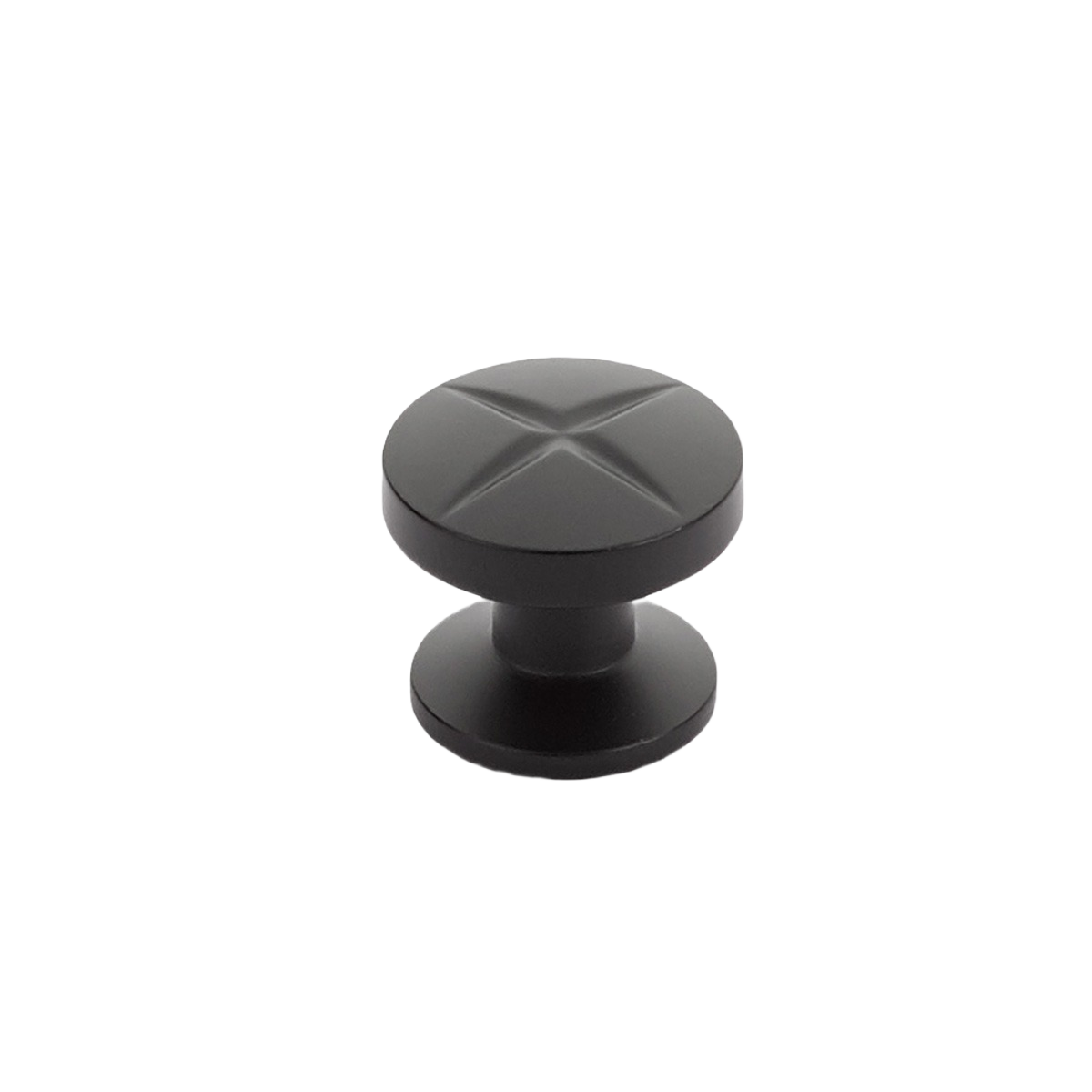 Matte black round cabinet knob with subtle cross pattern for door hardware and home improvement projects under $50