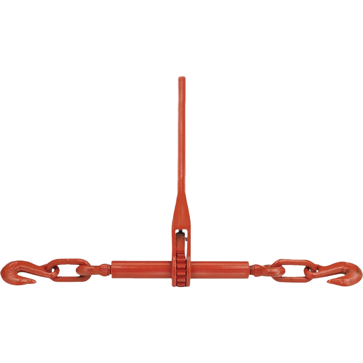 Red heavy-duty ratchet load binder with hooks for securing loads in tools and home improvement projects