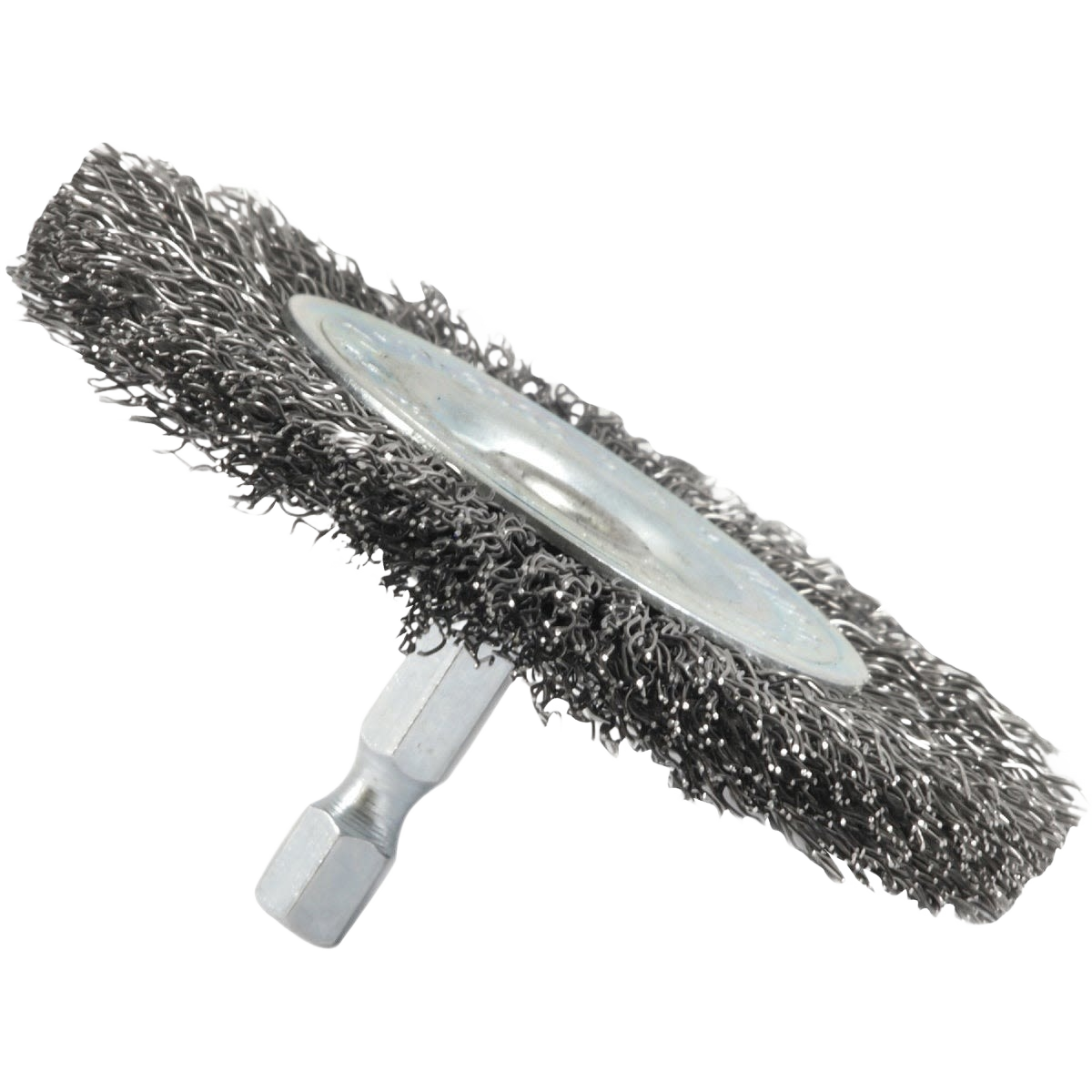 Coarse drill-mounted wire wheel brush with steel bristles for power tool accessories in woodworking and home improvement projects