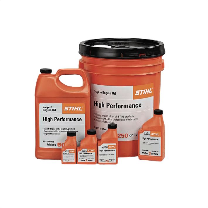 Various sized orange containers of high performance 2-cycle engine oil designed for tools and home improvement tasks