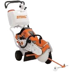 STIHL wheeled cut-off machine with orange and white body, black handle, and large cutting blade, part of rental power tools at Hartville Hardware.