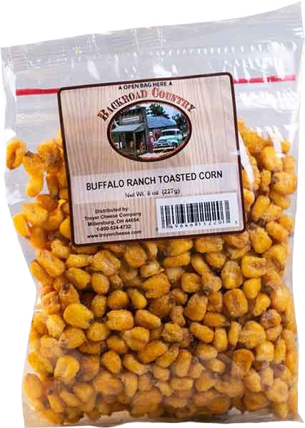 Clear resealable bag filled with seasoned toasted corn labeled Buffalo Ranch for snack food enjoyment