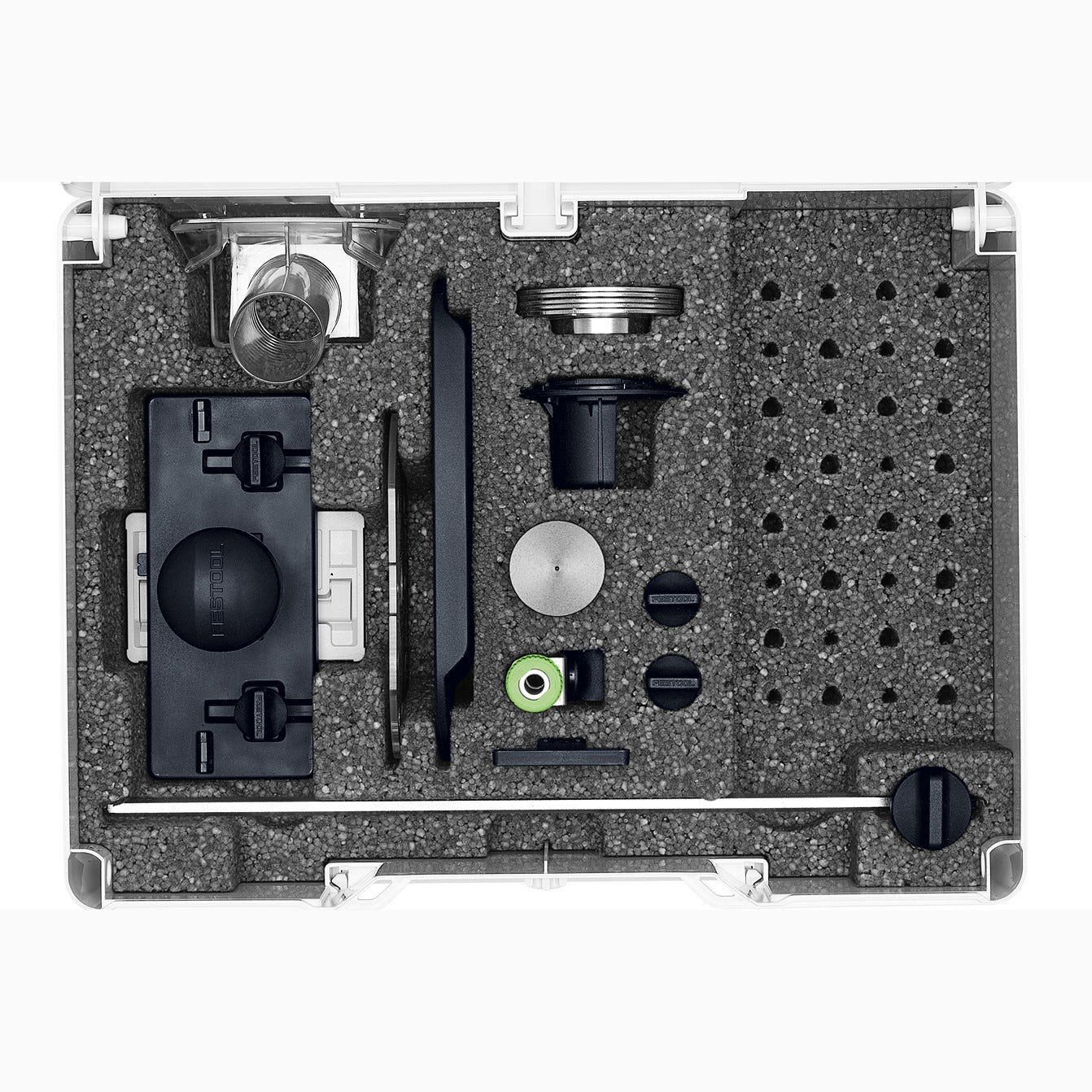 Organized Festool accessories set with foam insert holding routing tool components for woodworking and home improvement tasks