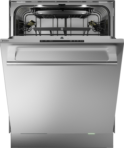 Partially open stainless steel dishwasher with visible upper and lower spray arms, featuring an illuminated status light in appliances collection