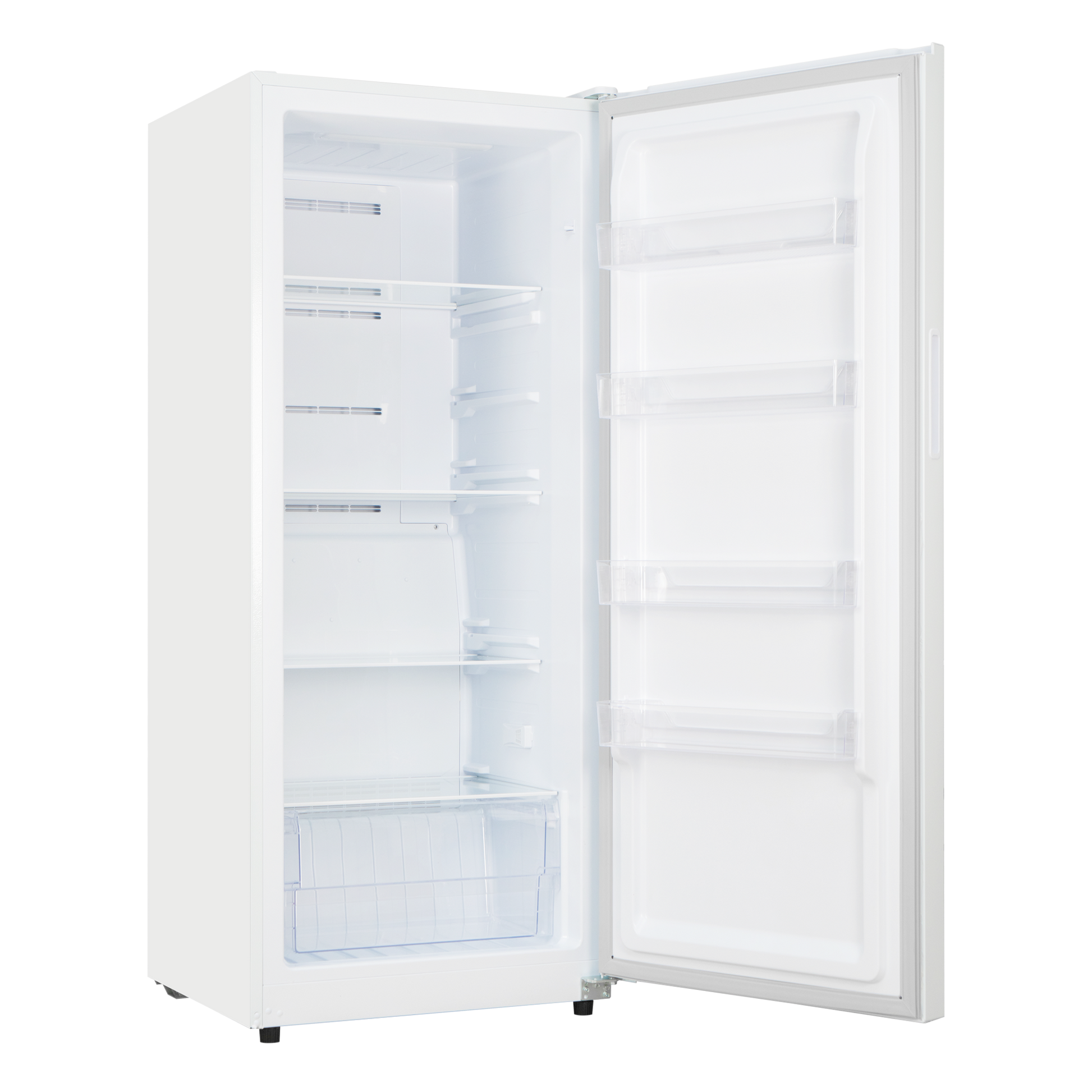 White upright convertible freezer and refrigerator with adjustable shelves, door storage compartments, and clear crisper drawer, part of Refrigerators, Kitchen & Kitchenware, All Products, and Appliances collections at Hartville Hardware.