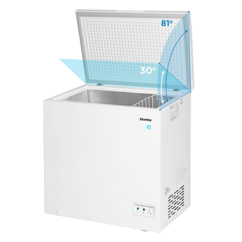 White Danby chest freezer with front temperature control and hinged lid open at 81 degrees from Freezers & Ice Makers collection