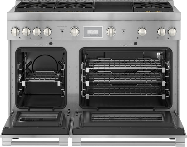 48-inch stainless steel dual fuel professional range with two open ovens and multiple adjustable racks from Thermador collection