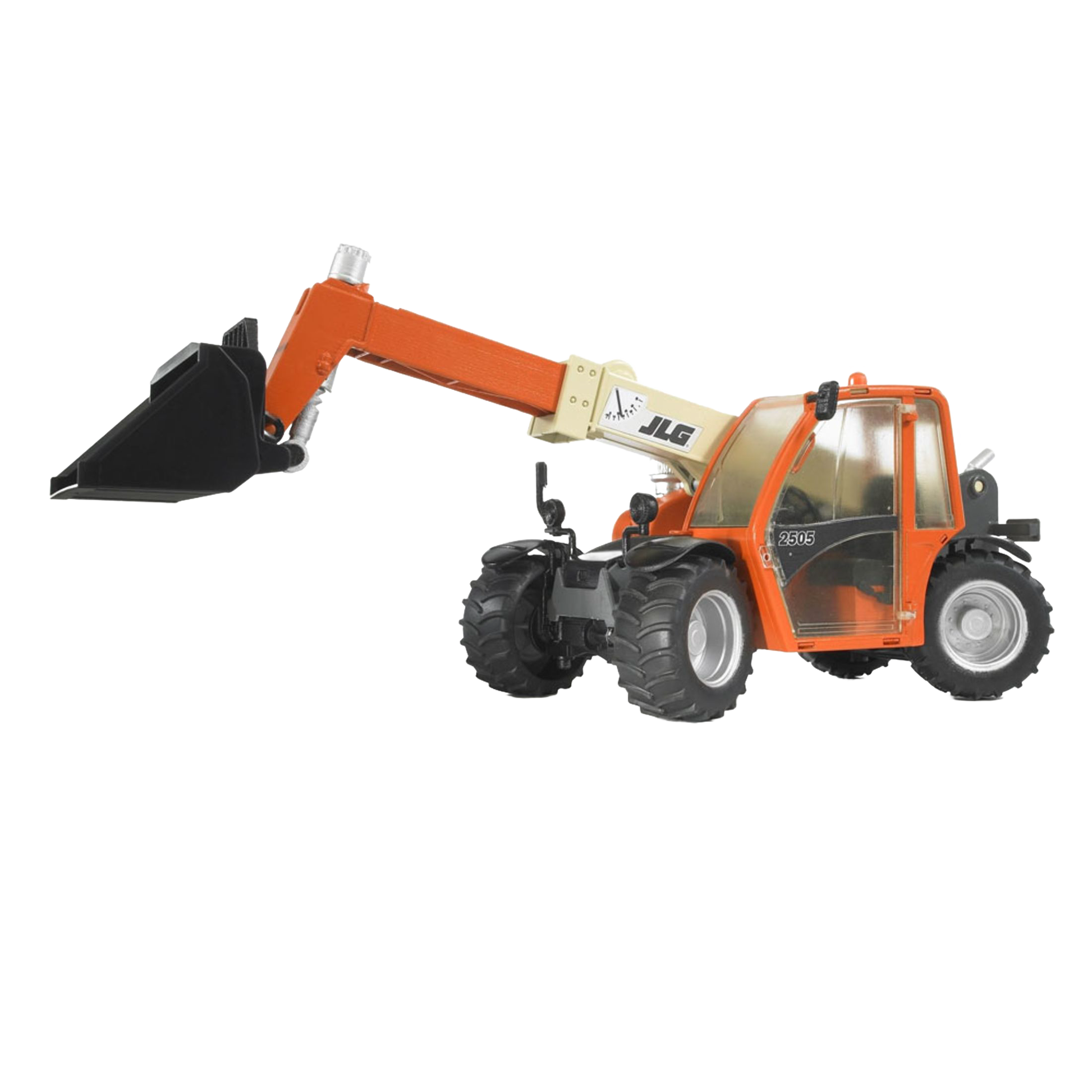 Orange and beige Bruder JLG 2505 telehandler toy with black bucket, part of Vehicles & Remote Controlled Toys collection