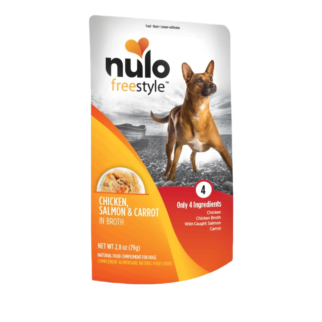 Nulo Freestyle dog food topper pouch with chicken, salmon, and carrot flavor in broth for pet food collection