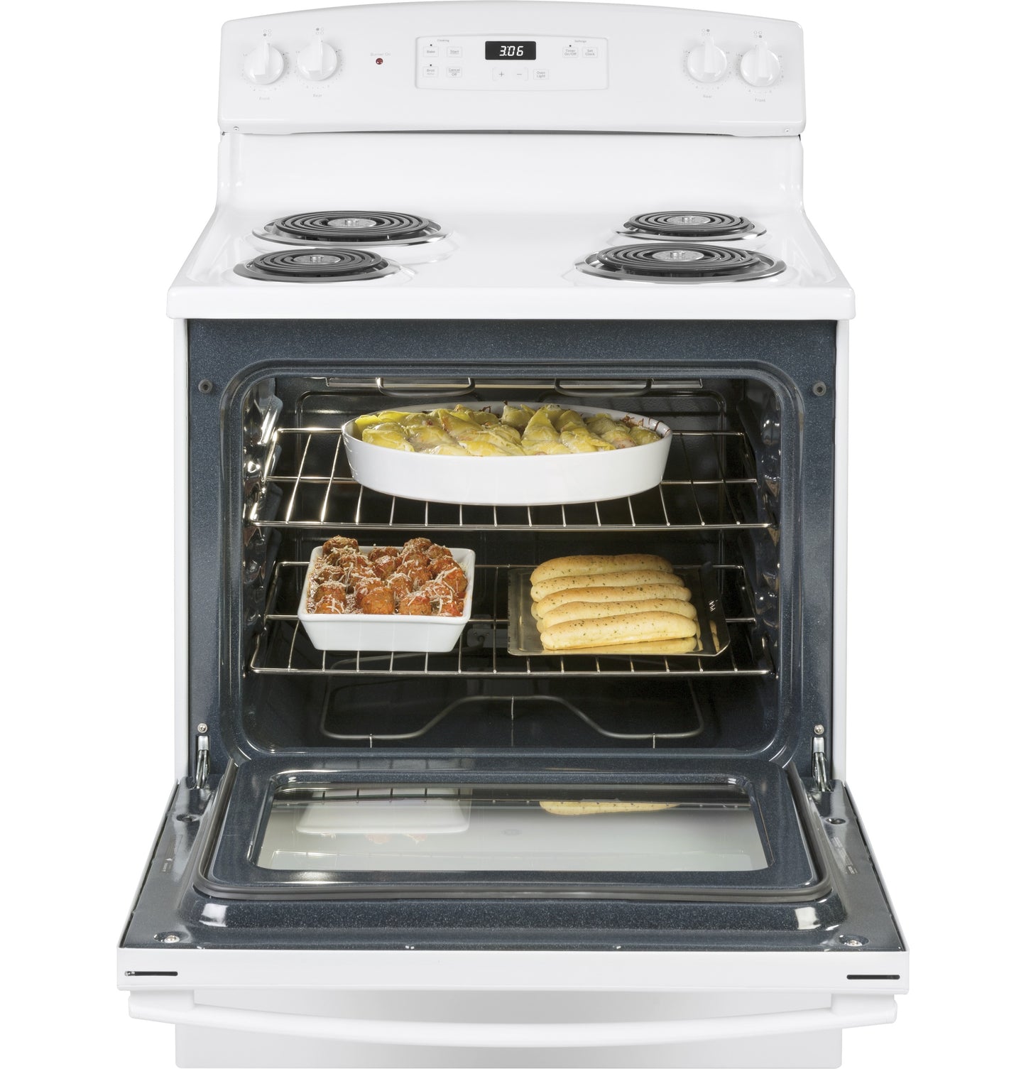 Front view of white electric range with coil burners and open oven containing baked dishes in kitchen appliances collection