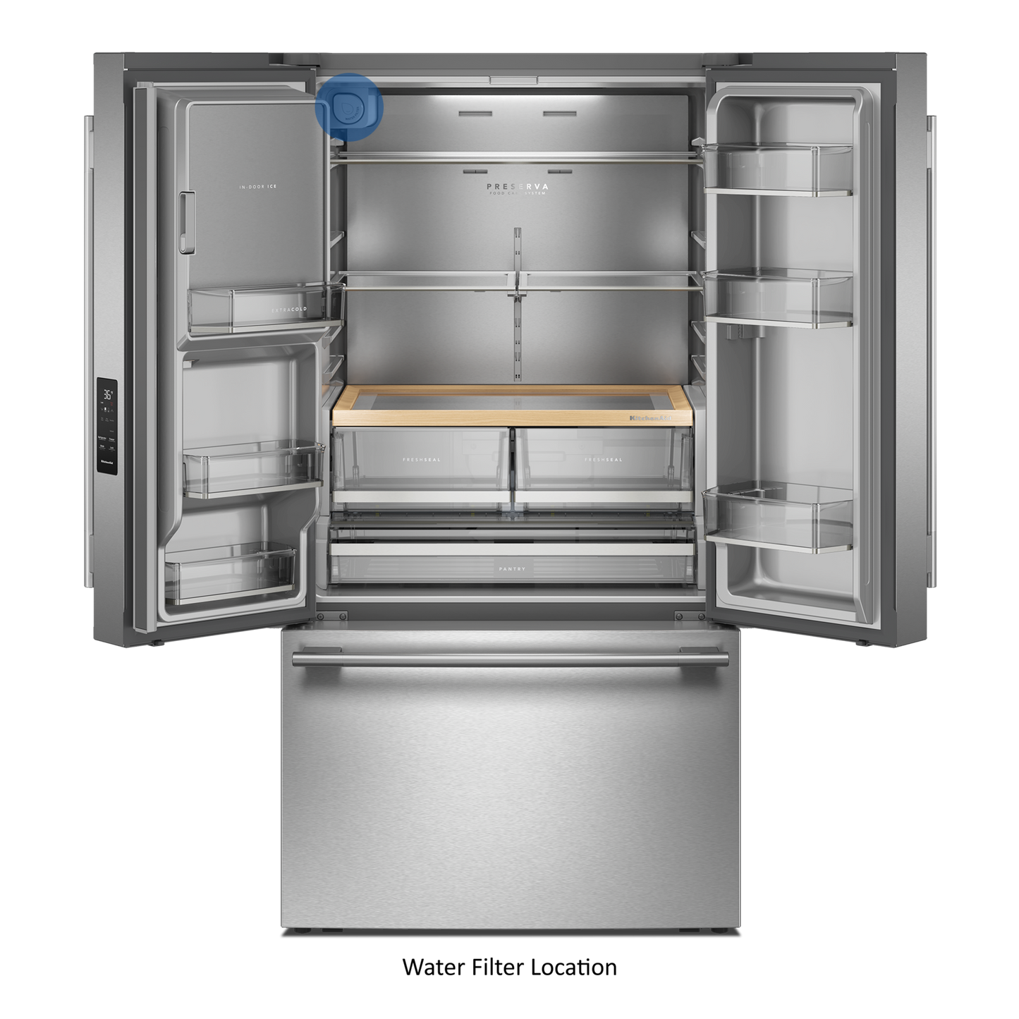 30 Cu. Ft. 36-Inch French Door Refrigerator with Exterior Water and Ice Dispenser and Wood-Look Sliding Tray in PrintShield® Finish