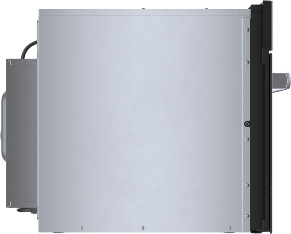 Side view of stainless steel speed oven showcasing compact design for wall oven installation in modern kitchen appliances collection