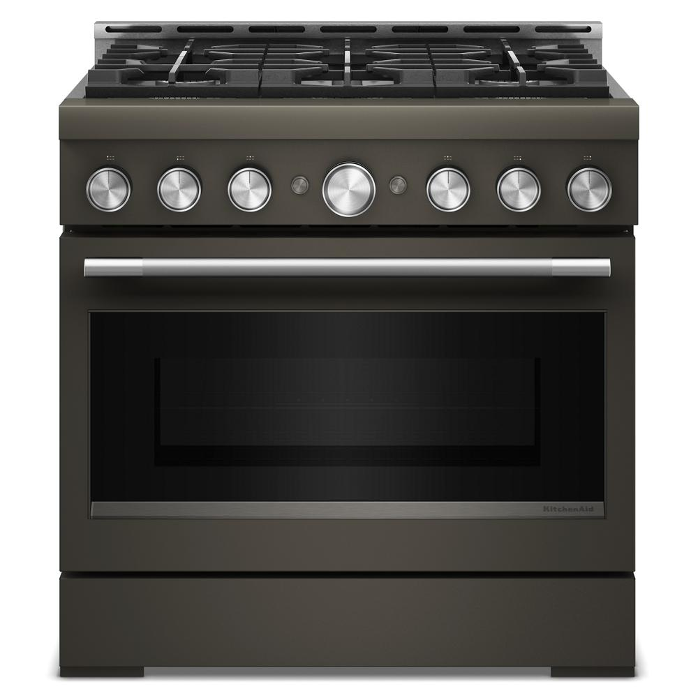 Front view of bronze-colored six-burner commercial-style gas range with stainless steel knobs from KitchenAid's Ranges collection