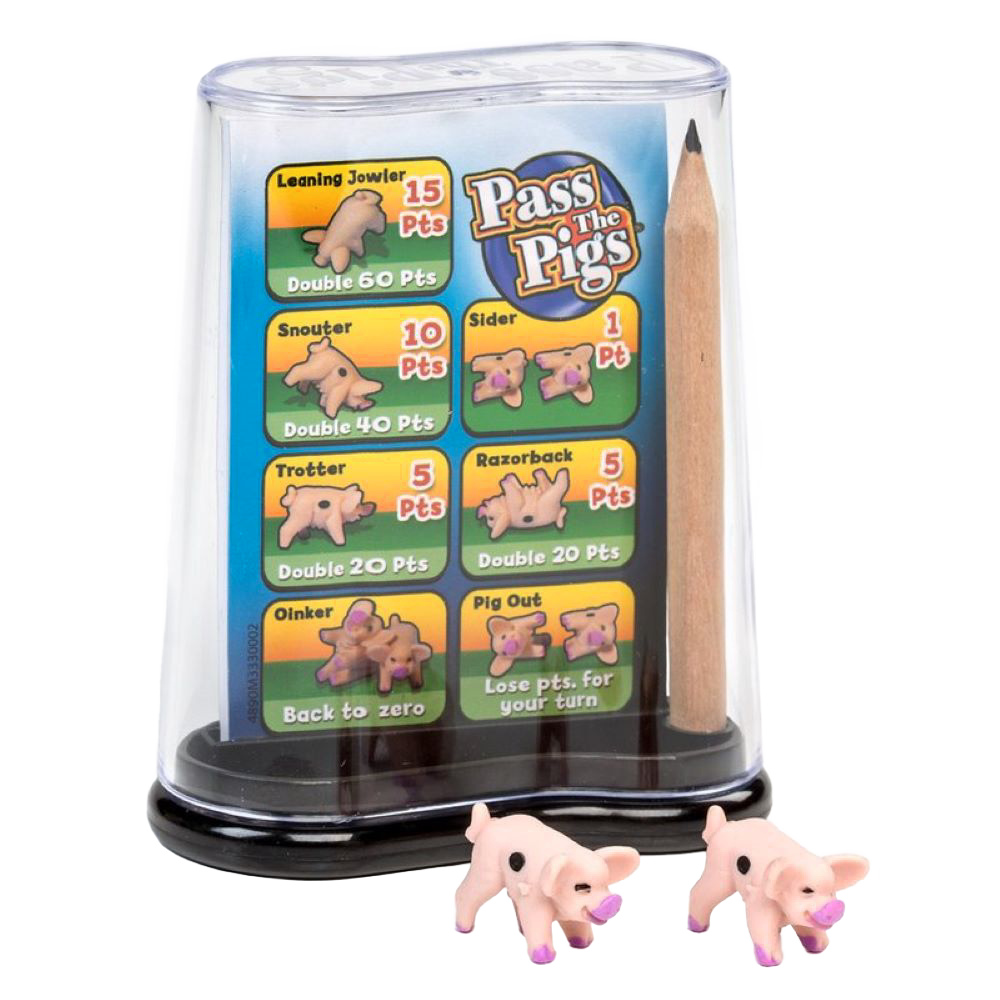 Compact Pass the Pigs game set with score chart and pencil, including two small pig figurines, Toys & Games collection