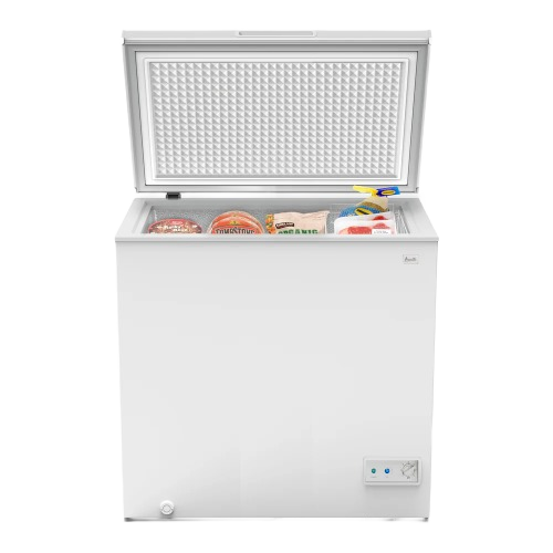 White chest freezer with open lid showing organized frozen foods from Freezers & Ice Makers and Kitchen collections