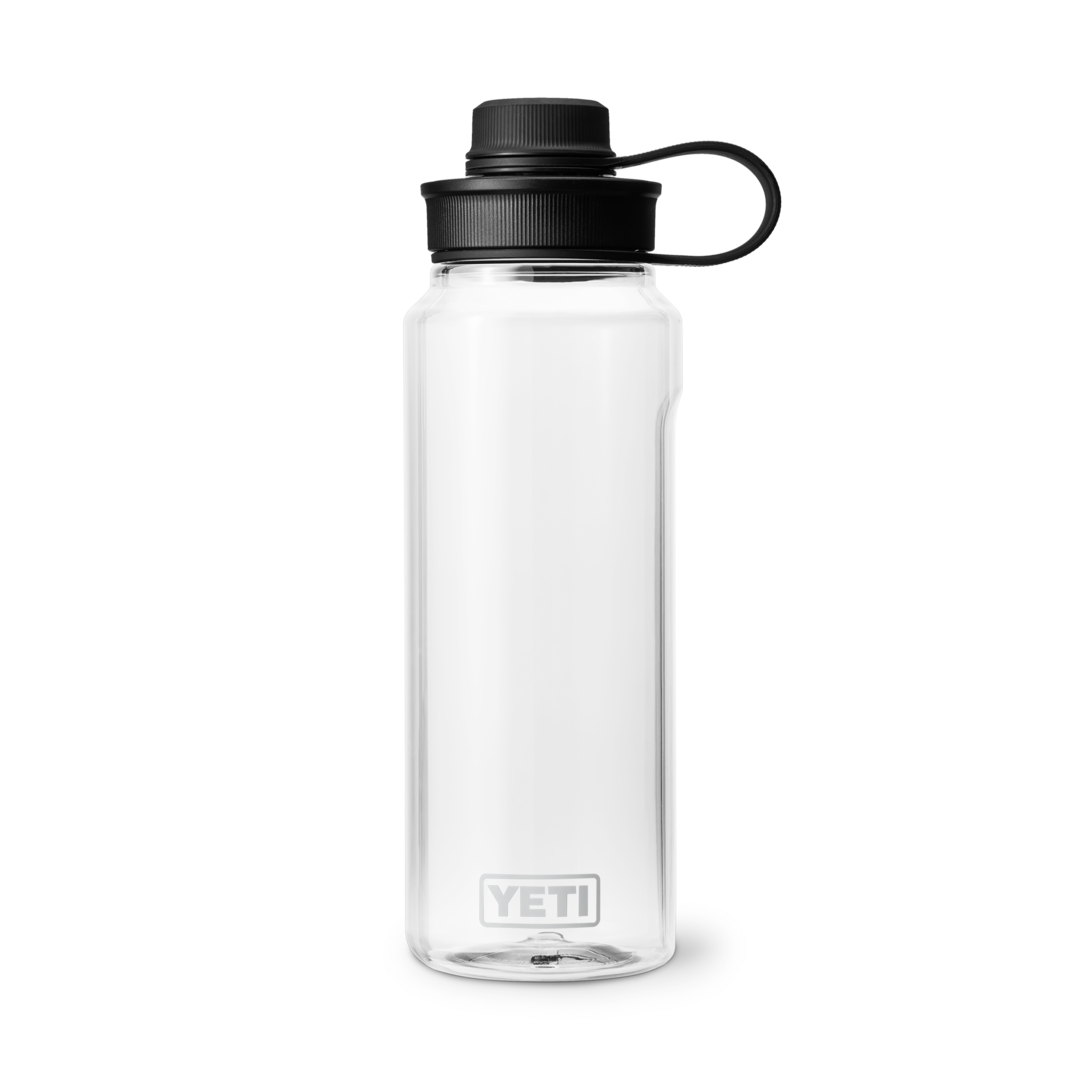Clear 34 oz. water bottle with black tether cap, durable drinkware for kitchen, tableware, and outdoor use collections