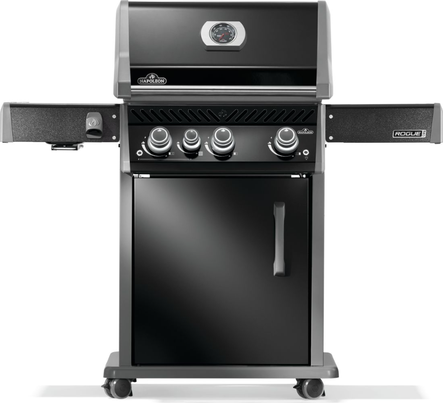 Black natural gas grill with three control knobs, temperature gauge on the lid, side shelves, and a storage cabinet below, ideal for outdoor cooking and grilling.