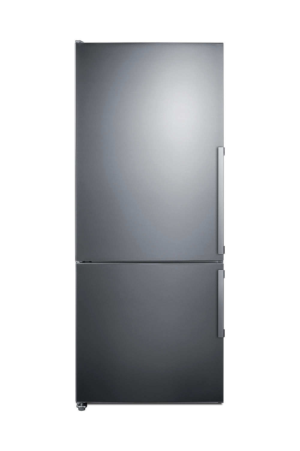 Modern stainless steel counter-depth refrigerator with bottom freezer and vertical handles from kitchen appliances collection