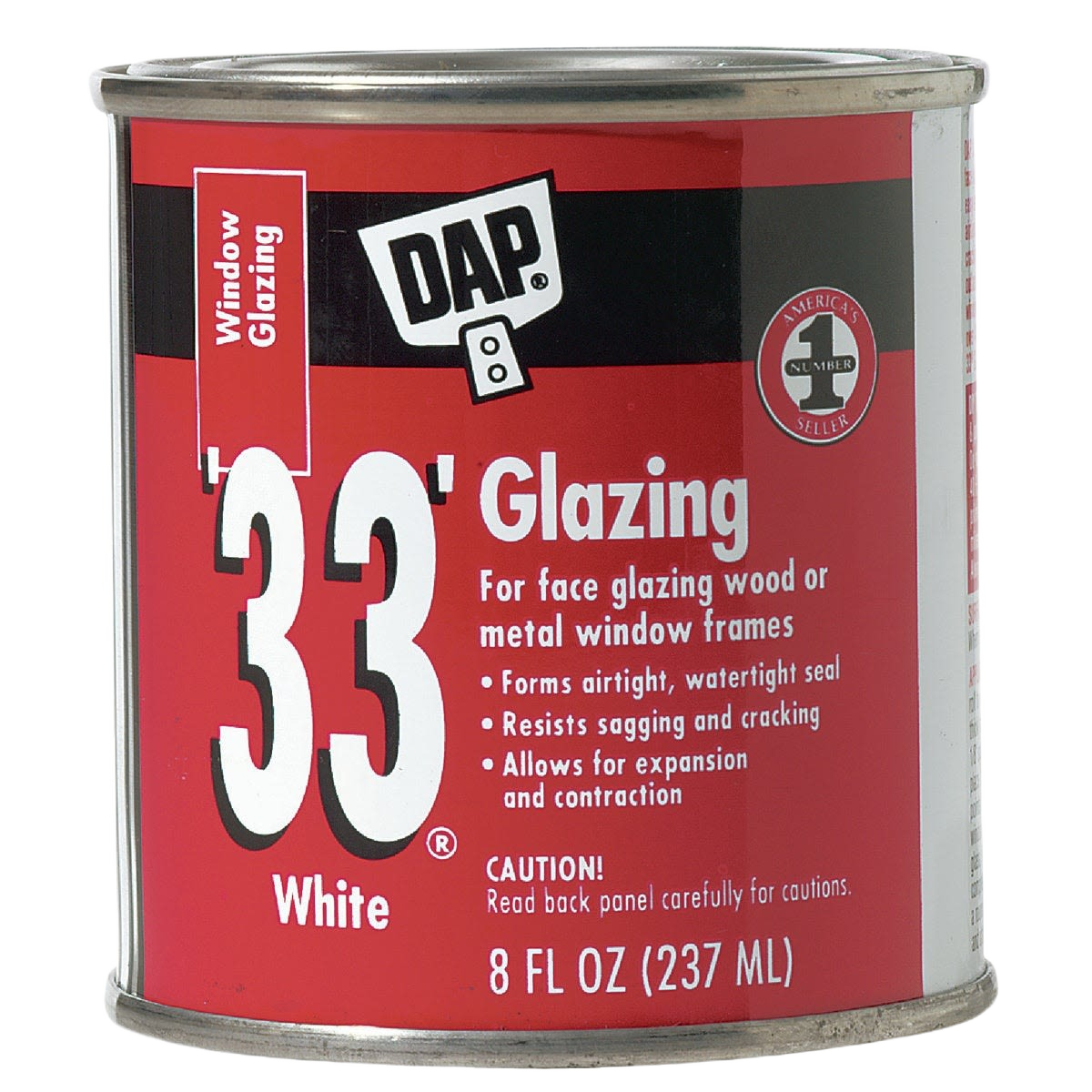 Red and black can of DAP glazing compound for sealing wood or metal window frames, 8 fl oz container