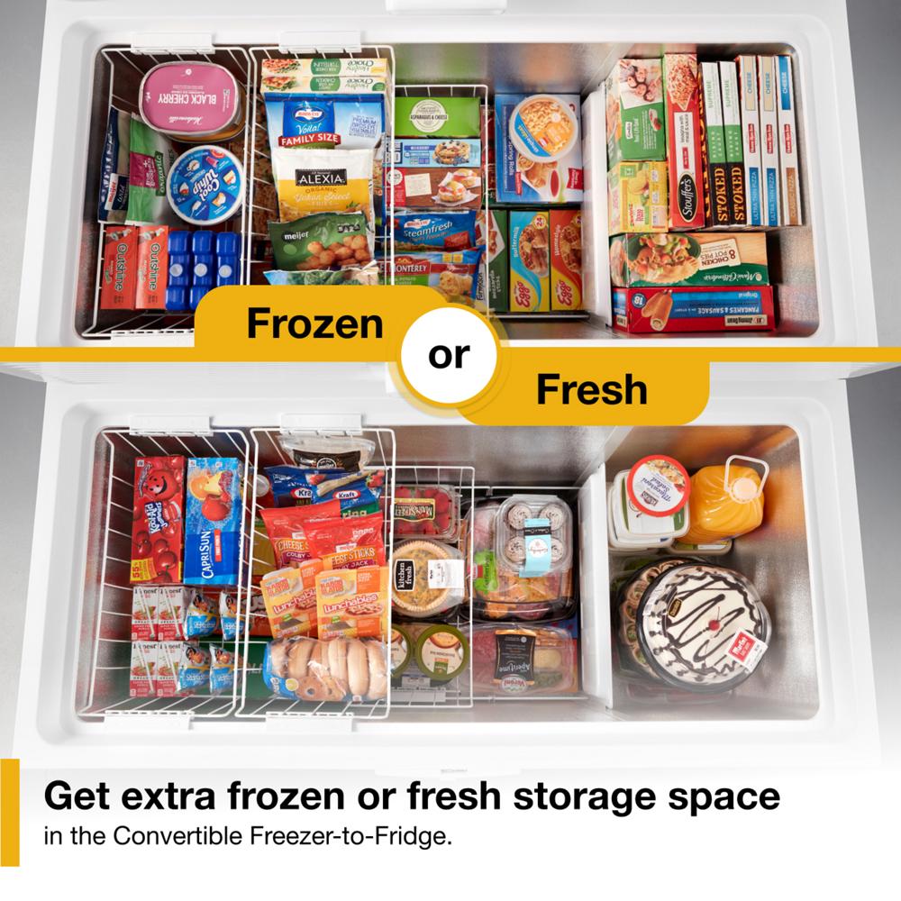 Top-down view showing organized frozen and fresh food storage in a convertible chest freezer with three levels from Freezers collection