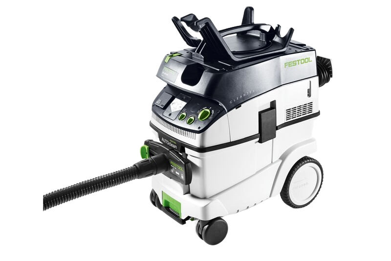 Compact Festool dust extractor with integrated hose and controls for efficient dust collection in woodworking projects