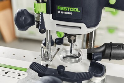 Close-up of a Festool woodworking router with precision dowel drill bit for home improvement and tool accessories.